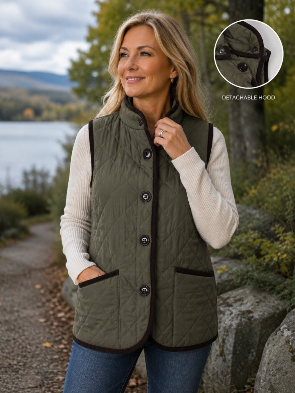 Women's Quilted Vest w/detachable hood – Olive Green Size M Gorpcore
